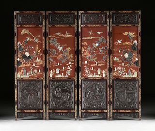 A CHINESE RED LACQUERED FOUR PANEL JADE & HARDSTONE MOUNTED HARDWOOD SCREEN, POSSIBLY REPUBLIC PERIOD (1912-1949), 