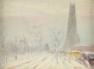 JOHANN BERTHELSEN (Danish/American 1883-1972) A PAINTING, "Riverside Church, Looking North on Riverside Drive,"