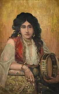 attributed to FRANCESCO DE MARIA (Italian 1845-1908) A PAINTING, "Smoking Gypsy with Tambourine,"