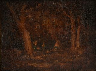 RALPH ALBERT BLAKELOCK (American 1847-1919) A PAINTING, "The Glow of an Indian Encampment at Night,"