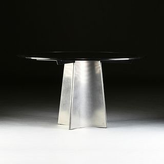 A MAISON JANSEN GLASS AND BRUSHED STEEL BREAKFAST TABLE, DESIGNED BY LUIGI SACCARDO, FRENCH, 1970s, 
