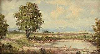 ALEX FOURNIER (American 1865-1948) A PAINTING, "Pond in Mountainous Landscape,"