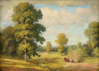 JAMES GOODWIN MCMANUS (American 1882-1958) A PAINTING, "Haystack and Horses in Hockanum Meadows, Massachusetts,"