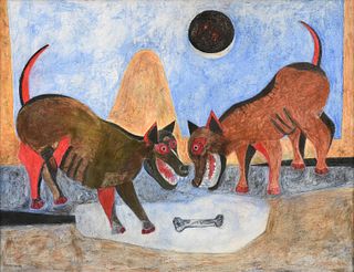 JAIMES MURILLO (Mexican b. 1940) A PAINTING, "Perros y un Hueso (Dogs and a Bone)," 1995,