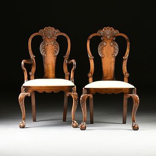 A SET OF EIGHT GEORGE II STYLE CARVED WALNUT DINING CHAIRS, 19TH CENTURY,