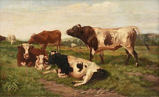 AMOS WATMOUGH (English active 1877-1912) A PAINTING, "Hereford and Ayrshire Cattle in Landscape," 1896,