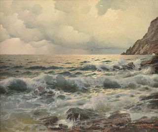 ALEXANDER DZIGURSKI (American 1911-1995) A PAINTING, "Rain and Choppy Seas in Capri, Italy," 1949,