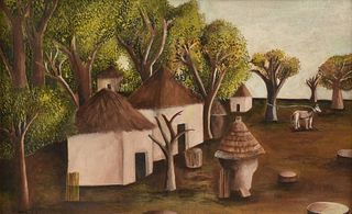 attributed to MARIA IZQUIERDO (1902-1955) A PAINTING, "Pueblo con Caballo (Village with Horse)," CIRCA 1945,