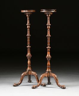 A PAIR OF GEORGE III (1760-1820) TALL WALNUT CANDLE STANDS, EARLY 19TH CENTURY,