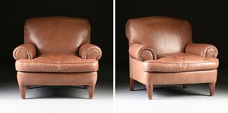 A PAIR OF RALPH LAUREN OVERSIZED LEATHER ARM CHAIRS WITH OTTOMAN, MODERN,