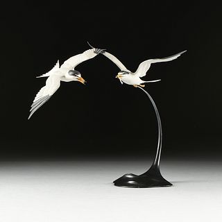 HABBART DEAN (American 1926-2009) A PAINTED WOOD SCULPTURE, "Least Terns (Sterna-albifrons)," MAY 1989,