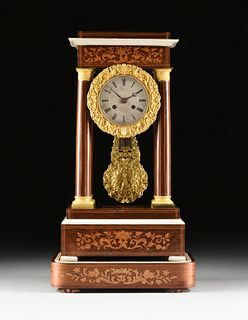 A LOUIS PHILIPPE GLASS DOMED AND ORMOLU MOUNTED MARQUETRY INLAID ROSEWOOD PORTICO CLOCK, 1840s,