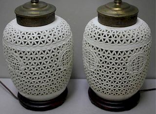 Pr Of Blanc Di Chine Asian Reticulated Lamps