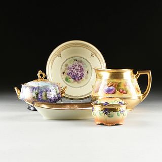 FIVE FRENCH PARCEL GILT PURPLE ENAMELED PORCELAIN SERVING WARES, LATE 19TH/EARLY 20TH CENTURY,