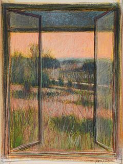WILLIAM ANZALONE (American/Texas b. 1935) A DRAWING, "Grassy Hill Country View through a Window," 2006,