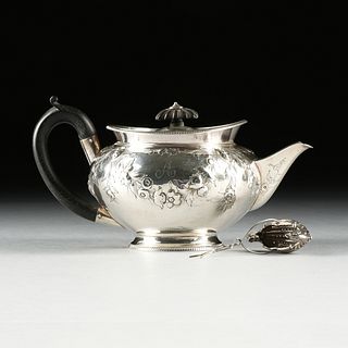 A ROBERT GARRARD STERLING TEAPOT AND GORHAM TEA STRAINER, ENGLISH/AMERICAN, EARLY 19TH CENTURY,