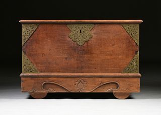 A LARGE INDIAN BRONZE MOUNTED AND CARVED HARDWOOD STORAGE CHEST, 19TH CENTURY,