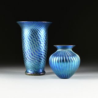 A PAIR OF TWO LUNDBERG STUDIOS VASES, "Large Oceana Flare Vase," AND "Blue Luster Ribbed Heart Vase," 1998/1999,