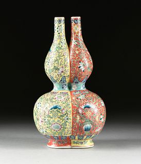 A QING DYNASTY STYLE CONJOINED BURNT ORANGE AND YELLOW GROUND ENAMELED PORCELAIN DOUBLE GOURD VASE,