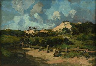 JACQUES ADRIÁN ENRIQUE WITJENS (Dutch/Argentine 1881-1956) A PAINTING, "Penned Cow in Landscape,"