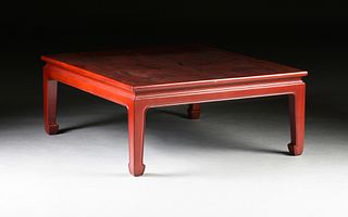 A MODERN CHINOISERIE RED VARNISHED AND SILVER LEAF COFFEE TABLE, LATE 20TH CENTURY,