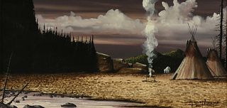 GARNET BUSTER (20th/21st Century) A PAINTING, "Indian Encampment in Landscape," 1980,