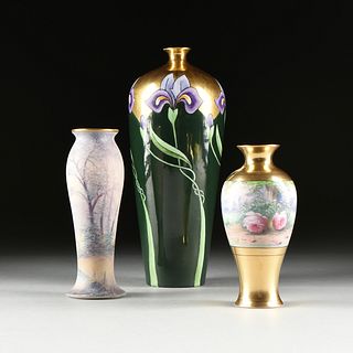 A GROUP OF THREE PICKARD STYLE PARCEL GILT VASES, EARLY 20TH CENTURY,