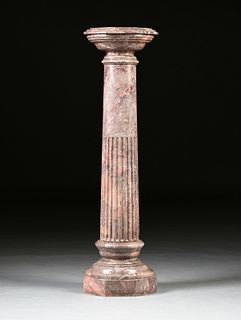 A CONTINENTAL TUSCAN ORDER STYLE VARIEGATED GRAY AND ROSE MARBLE PEDESTAL, 20TH CENTURY,