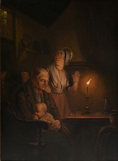 follower of PETRUS VAN SCHENDEL (Belgian 1806-1870) A PAINTING, "A Storm at Night Viewed from the Kitchen,"