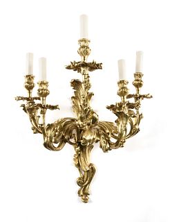 A LOUIS XV STYLE GILT BRONZE FIVE LIGHT WALL SCONCE, LATE 20TH CENTURY,