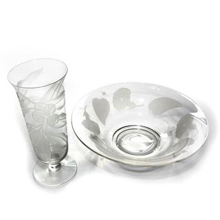 GLASS VASE & FRUIT BOWL WITH FROSTED ENCIRCLING FLORA