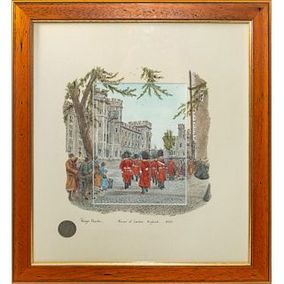 FRAMED TOWER OF LONDON HAND COLORED FINE LINE INK PRINT