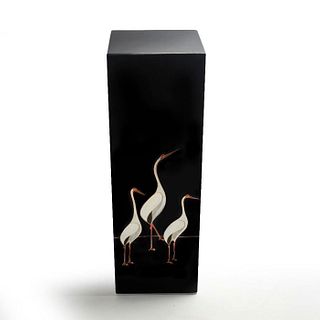 ASIAN BLACK LACQUER COLUMN PEDESTAL, CRANES AND WATER