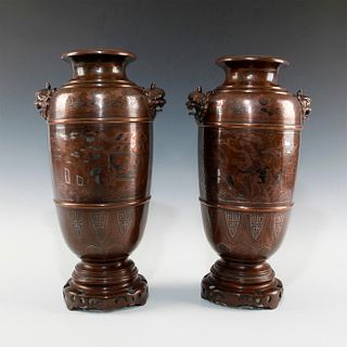 PAIR OF LARGE CHINESE SILVER INLAY METAL WORKS BRONZE VASES