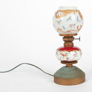 TABLE LAMP, BRONZE W. PAINTED PORCELAIN, GLASS