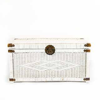 VINTAGE HAND CRAFTED WICKER CHEST WITH BRASS FITTINGS