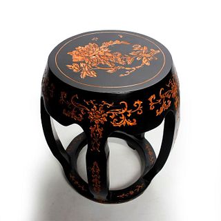 CHINESE GARDEN SEAT, BLACK WITH GOLD FLORAL CARVING