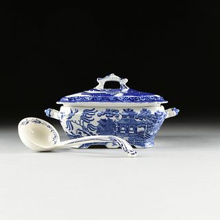 AN ENGLISH STAFFORDSHIRE BLUE WILLOW SQUARE PAGODA HANDLED TUREEN WITH LADLE, TUNSTALL, 1881-1910,