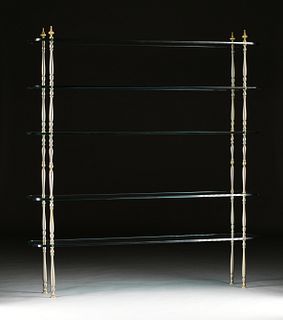 A CONTEMPORARY BRUSHED STEEL AND BRASS GLASS SHELF ETAGÈRE, 