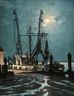 JAMES L. KENDRICK III (American/Louisiana 1946-2013) A PAINTING, "Moonlit Shrimp Trawler Boat," 1986,