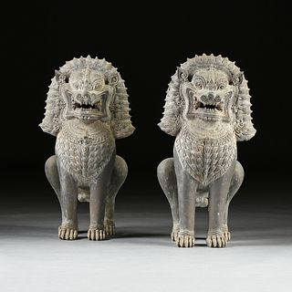 A PAIR OF THAI STYLE BRONZE GUARDIAN LIONS, 20TH CENTURY,