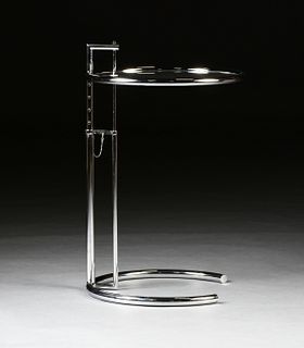 AN EILEEN GRAY ADJUSTABLE GLASS AND CHROME CIRCULAR SIDE TABLE, MODEL NUMBER 1027, 1960s/1970s, 