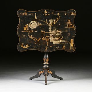 A VICTORIAN PARCEL GILT AND BLACK LACQUERED CHINOISERIE TILT TOP TEA TABLE, ENGLISH, THIRD QUARTER 19TH CENTURY,