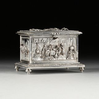 AN ANTIQUE FRENCH SILVERPLATED METAL JEWELRY CASKET, FOR SPANISH MARKET, SIGNED, LAST QUARTER 19TH CENTURY,