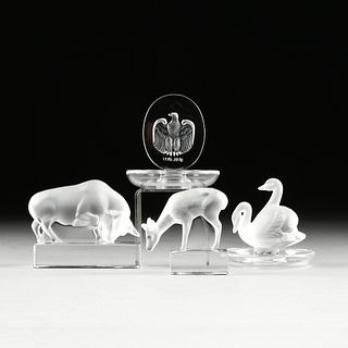 A GROUP OF FOUR LALIQUE CLEAR FROSTED CRYSTAL PAPERWEIGHTS AND PINTRAYS, PARIS, MID/LATE 20TH CENTURY,