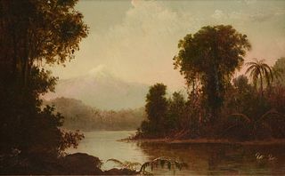 SECOND GENERATION HUDSON RIVER SCHOOL (19th/20th Century) A PAINTING, "Mountain with Palms and Swans In Riverbend,"