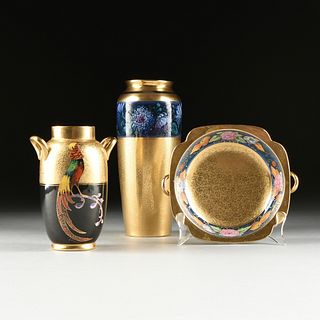 A GROUP OF THREE PICKARD HEAVY GILT PORCELAIN VASES AND BOWL, 