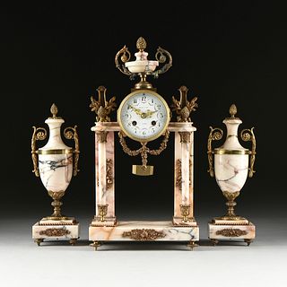 A VICENTE ET CIE PINK AND WHITE MARBLE CLOCK GARNITURE WITH URNS, FRENCH, LATE 19TH CENTURY,
