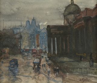 ANTAL BERKES (Hungarian 1874-1938) A PAINTING, "Bustling Street Scene,"