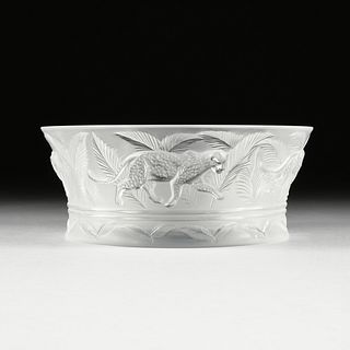 A LALIQUE CLEAR AND FROSTED CRYSTAL "JUNGLE" FRUIT BOWL, SIGNED, LATE 20TH CENTURY,